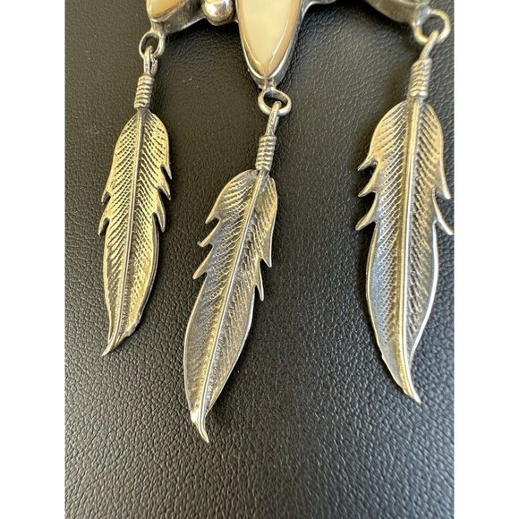 Navajo Mother of Pearl & Sterling Silver 3 Panel Statement Necklace w Feathers - Picture 5 of 14